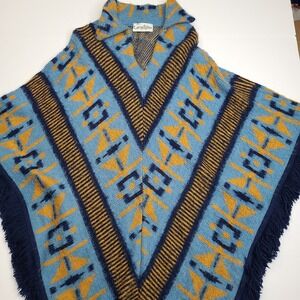 Vintage Knit Sweater/Poncho Blue And Gold One Size Lamplighter Brand‎